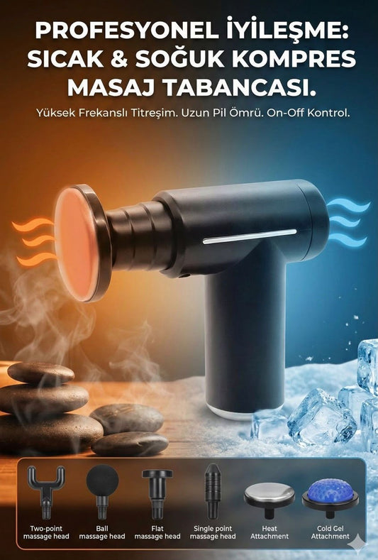 Sıcak & Soğuk Kompres Özellikli Profesyonel Masaj Tabancası – 6 Başlıklı