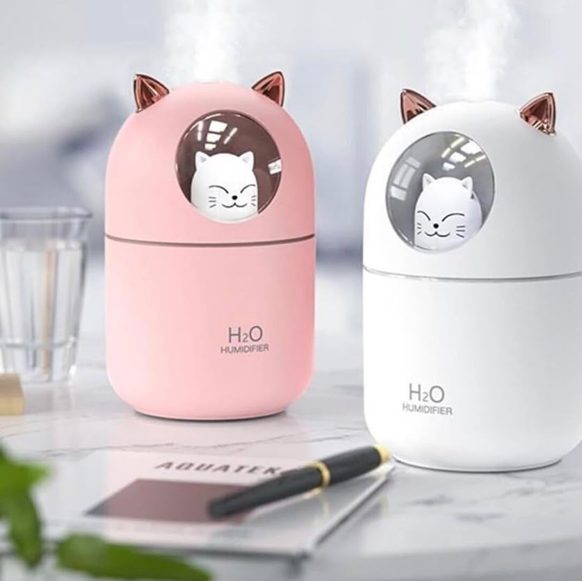 Kedi Tasarımlı Mini Hava Nemlendirici | LED Gece Lambalı, USB Masaüstü Buhar Makinesi