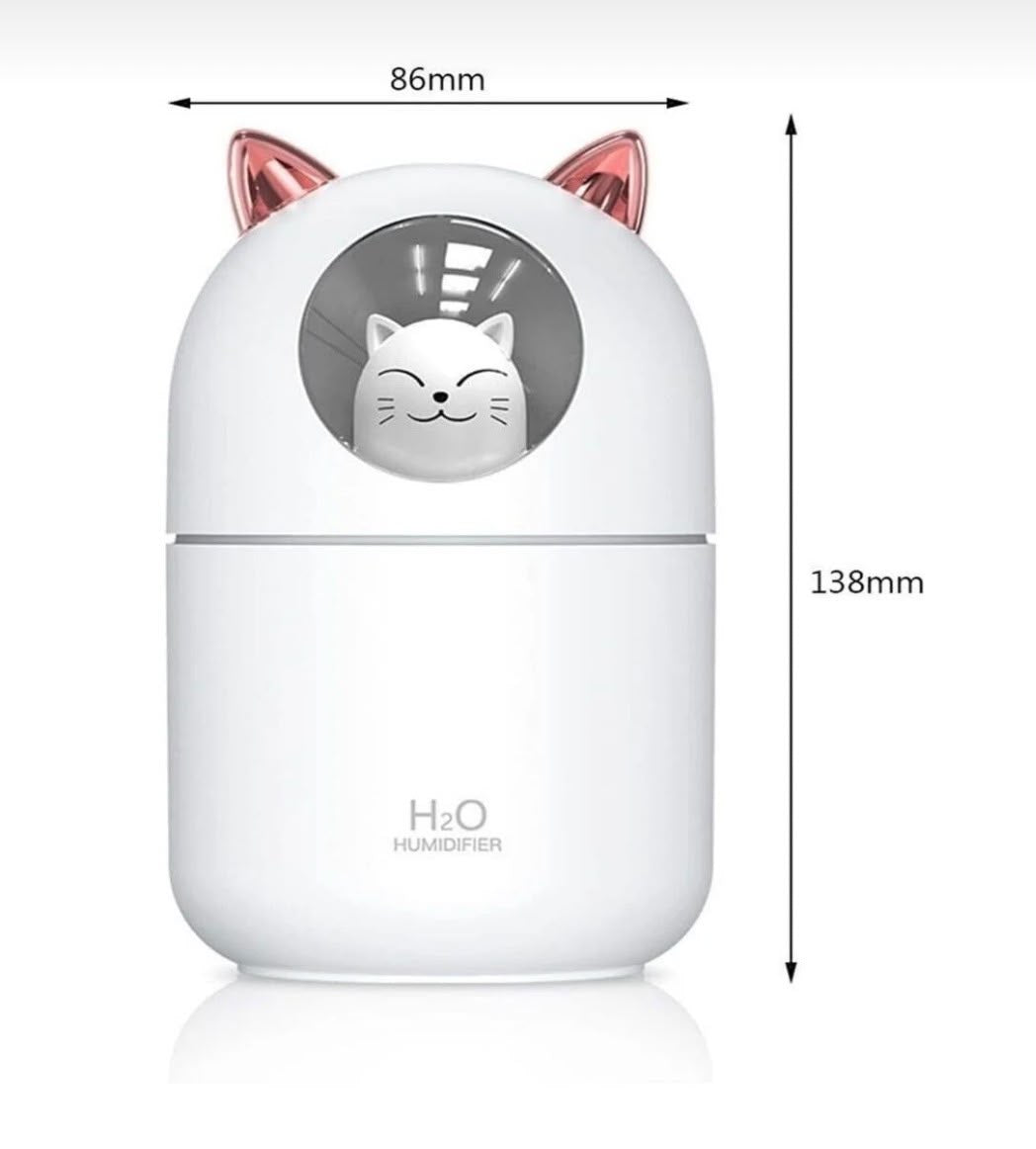Kedi Tasarımlı Mini Hava Nemlendirici | LED Gece Lambalı, USB Masaüstü Buhar Makinesi