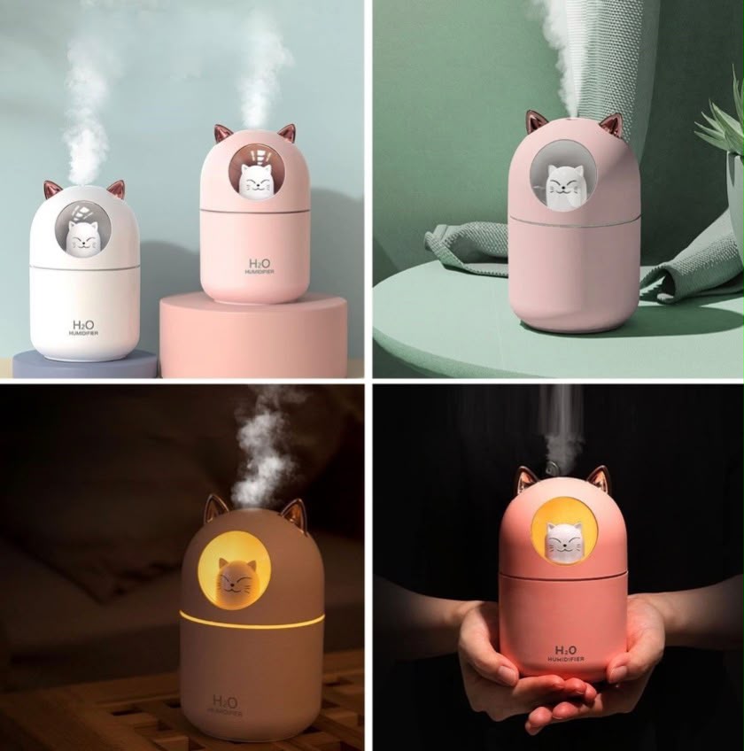 Kedi Tasarımlı Mini Hava Nemlendirici | LED Gece Lambalı, USB Masaüstü Buhar Makinesi