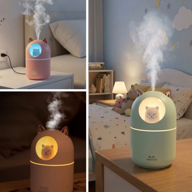 Kedi Tasarımlı Mini Hava Nemlendirici | LED Gece Lambalı, USB Masaüstü Buhar Makinesi