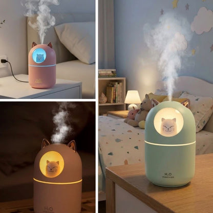 Kedi Tasarımlı Mini Hava Nemlendirici | LED Gece Lambalı, USB Masaüstü Buhar Makinesi