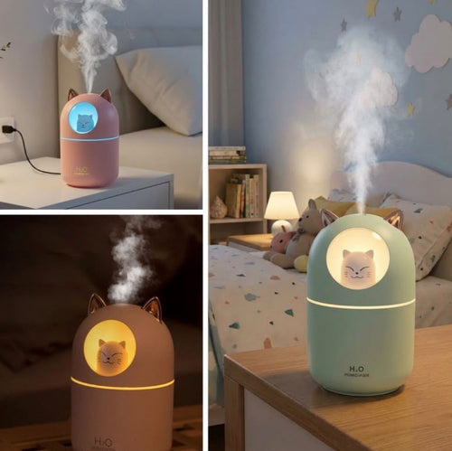 Kedi Tasarımlı Mini Hava Nemlendirici | LED Gece Lambalı, USB Masaüstü Buhar Makinesi